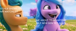 Size: 2048x851 | Tagged: safe, edit, edited screencap, screencap, hitch trailblazer, izzy moonbow, earth pony, pony, unicorn, g5, my little pony: a new generation, spoiler:my little pony: a new generation, blue mane, blurry background, caption, eyebrows, female, flower, happy, lidded eyes, male, mare, open mouth, open smile, outdoors, smiling, stallion, text