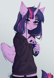 Size: 1800x2600 | Tagged: safe, artist:lomilykohi, twilight sparkle, alicorn, anthro, g4, bags under eyes, clothes, emo, energy drink, female, hoodie, looking at you, red bull, simple background, solo, stockings, thigh highs, twilight sparkle (alicorn), zettai ryouiki