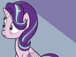 Size: 592x446 | Tagged: safe, artist:michela cacciatore, idw, starlight glimmer, alicorn, pony, g4, my little pony: generations, spoiler:comicgenerations01, alicornified, blue eyes, cropped, error, female, folded wings, gritted teeth, horn, mare, multicolored mane, race swap, solo, starlicorn, tail, wings, xk-class end-of-the-world scenario
