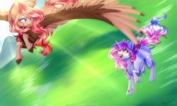 Size: 4280x2560 | Tagged: safe, artist:honeybbear, oc, oc only, pegasus, pony, unicorn, duo, duo female, eye clipping through hair, eyebrows, eyebrows visible through hair, female, flying, high res, horn, looking at each other, mare, open mouth, open smile, pegasus oc, smiling, spread wings, unicorn oc, wings