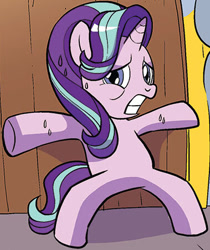 Size: 379x452 | Tagged: safe, artist:michela cacciatore, idw, starlight glimmer, pony, unicorn, g4, generations #1, my little pony: generations, anatomically incorrect, bipedal, cropped, female, incorrect leg anatomy, mare, off model, solo, sweat