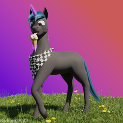 Size: 2048x2048 | Tagged: safe, artist:radiomann01, oc, oc only, oc:lucent, pony, unicorn, 3d, bandana, blender, blender cycles, food, glowing, glowing horn, grass, happy, high res, horn, ice cream, ice cream cone, licking, magic, magic aura, male, open mouth, open smile, simple background, smiling, solo, stallion, telekinesis, tongue out, unicorn oc