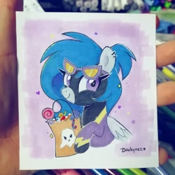 Size: 1080x1080 | Tagged: safe, artist:darkynez, oc, oc only, oc:spooky glare, pegasus, pony, bag, candy, clothes, costume, disguise, food, halloween, halloween costume, holiday, shadowbolts costume, traditional art