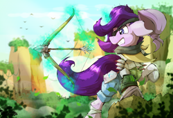 Size: 2215x1516 | Tagged: safe, artist:rainihorn, starlight glimmer, bird, pony, unicorn, g4, angry, arrow, bow (weapon), canyon, dust, eyepatch, female, forest, leaves, mare, pipbuck, post-apocalyptic, rock