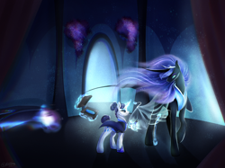 Size: 2732x2048 | Tagged: safe, artist:damayantiarts, nightmare moon, rarity, alicorn, pony, unicorn, g4, alternate hairstyle, alternate timeline, curved horn, duo, female, glowing, glowing horn, high res, horn, magic, night maid rarity, nightmare takeover timeline, telekinesis