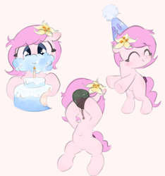 Size: 3277x3494 | Tagged: safe, artist:parfait, oc, oc only, oc:kayla, earth pony, pony, armpits, birthday, cake, dancing, drinking, eating, female, filly, flower, flower in hair, food, high res, smiling, solo