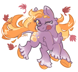 Size: 1272x1174 | Tagged: dead source, safe, artist:plushiepoms, autumn crisp, earth pony, pony, g3, autumn, blonde, fanart, fluffy, heart mark, leaves, leaves in hair, one eye closed, orange hair, purple coat, simple background, solo, tongue out, transparent background, unshorn fetlocks, wink