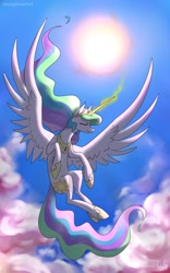 Size: 1200x1920 | Tagged: safe, artist:glassygreatart, princess celestia, alicorn, pony, g4, female, flying, glowing, glowing horn, horn, mare, sky, solo