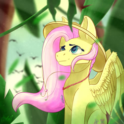 Size: 1000x1000 | Tagged: safe, artist:etherfii, fluttershy, pegasus, pony, g4, female, hat, jewelry, necklace, solo