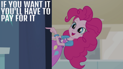 Size: 1920x1080 | Tagged: safe, edit, edited screencap, editor:quoterific, screencap, pinkie pie, equestria girls, g4, guitar centered, caption, clothes, cutie mark, cutie mark on clothes, female, open mouth, open smile, pointing, smiling, solo, text