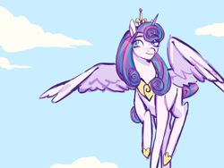 Size: 1280x960 | Tagged: safe, artist:lovelyluckyy, princess flurry heart, alicorn, pony, g4, blushing, cloud, crown, female, hoof shoes, jewelry, older, older flurry heart, regalia, sky, solo