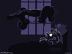 Size: 2400x1800 | Tagged: safe, artist:rockhoppr3, sweetie belle, ghost, pony, undead, unicorn, g4, bed, creepy, scared, silhouette, the haunting of hill house, window