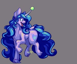 Size: 1500x1250 | Tagged: safe, artist:waywardberkian, izzy moonbow, pony, unicorn, g5, my little pony: a new generation, ball, curved horn, female, horn, hornball, izzy's tennis ball, simple background, solo, tennis ball, tongue out