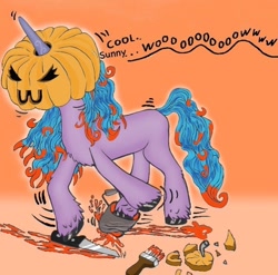 Size: 750x742 | Tagged: safe, artist:brightenight-heart, izzy moonbow, pony, unicorn, g5, my little pony: a new generation, female, gradient background, halloween, holiday, jack-o-lantern, knife, pumpkin, solo