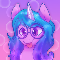 Size: 1000x1000 | Tagged: safe, artist:corvidcactus, izzy moonbow, pony, unicorn, g5, my little pony: a new generation, :p, bust, cute, female, glasses, heart, heart eyes, izzybetes, portrait, silly face, smiling, solo, tongue out, wingding eyes