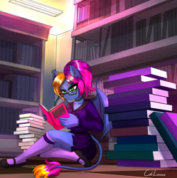 Size: 2750x2760 | Tagged: safe, artist:cali luminos, oc, oc only, bat pony, anthro, plantigrade anthro, book, bookshelf, bookstack, clothes, female, glasses, high res, kneesocks, leonine tail, mary janes, outfit, pile of books, reading, shirt, shoes, sitting, skirt, socks, solo, tail