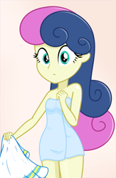 Size: 2538x3895 | Tagged: safe, artist:daarkenn, bon bon, sweetie drops, equestria girls, g4, adorabon, bare shoulders, clothes, cute, dress, female, high res, naked towel, pink background, simple background, solo, towel