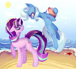 Size: 4400x4000 | Tagged: safe, artist:xalexdfx, starlight glimmer, trixie, pony, unicorn, g4, absurd resolution, beach, beach ball, dreamworks face, duo, duo female, eye clipping through hair, female, grin, looking at each other, ocean, raised hoof, smiling, smiling at each other, water