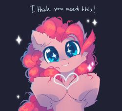 Size: 2200x2000 | Tagged: safe, artist:mirtash, pinkie pie, earth pony, pony, g4, black background, cute, diapinkes, ear fluff, heart, high res, looking at you, positive ponies, simple background, smiling, smiling at you, solo, sparkly eyes, wingding eyes