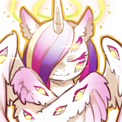 Size: 1159x1159 | Tagged: safe, artist:cold-blooded-twilight, princess cadance, alicorn, angel, pony, seraph, seraphicorn, g4, be not afraid, biblically accurate angels, colored wings, eyes closed, eyes do not belong there, glowing, glowing eyes, halloween, halo, holiday, looking at you, multicolored wings, multiple eyes, multiple wings, simple background, smiling, species swap, transparent background, wings