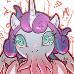 Size: 1159x1159 | Tagged: safe, artist:cold-blooded-twilight, princess flurry heart, alicorn, pony, g4, body horror, cosmic horror, cthulhu, cthulhu mythos, eldritch abomination, halloween, holiday, looking at each other, multiple pupils, simple background, species swap, spread wings, tentacles, transparent background, wat, wide eyes, wings