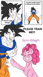 Size: 1080x1920 | Tagged: safe, artist:dbzxking, pinkie pie, earth pony, pony, saiyan, g4, battle damage, blood, clothes, colored, comic, comic page, crossover, cute, diapinkes, dragon ball, dragon ball z, eyes closed, female, friendship, goku being goku, grin, happy, invincible pinkie, male, muscles, pinkie being pinkie, post fight, raised hoof, running gag, shading, simple background, smiling, son goku, sparring, strong pinkie, text, torn clothes, white background