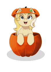 Size: 2480x3508 | Tagged: safe, artist:morrigun, derpibooru exclusive, oc, oc only, oc:radler, pony, commission, eyes open, female, fluffy, halloween, halloween 2021, high res, holiday, leaf, mare, open mouth, pumpkin, simple background, solo, transparent background, ych result