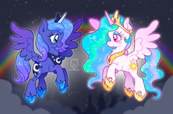 Size: 2048x1348 | Tagged: safe, artist:alexbeeza, princess celestia, princess luna, alicorn, pony, g4, crown, duo, duo female, female, flying, hoof shoes, horn, jewelry, mare, peytral, princess shoes, rainbow, regalia, smiling, spread wings, wings