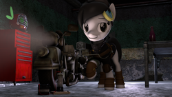 Size: 1920x1080 | Tagged: safe, artist:mod_pone_the_mod, oc, oc only, oc:mod pone the mod, earth pony, parasprite, pony, fallout equestria, 3d, clothes, garage, goggles, motorcycle, photo, solo, source filmmaker