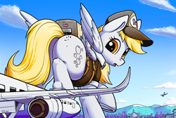 Size: 2000x1340 | Tagged: safe, artist:tsitra360, derpy hooves, pegasus, pony, g4, airport, butt, cap, city, clothes, cutie mark, delivery pony, female, giant pony, giantess, hat, looking back, macro, mare, plot, solo, uniform