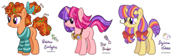 Size: 2699x873 | Tagged: safe, artist:fizzmitz, oc, oc only, oc:daydream twinkle, oc:rainbow eucalyptus, oc:star powder, earth pony, pony, unicorn, bow, clothes, glasses, goggles, hair bow, hair ribbon, magical lesbian spawn, offspring, parent:cayenne, parent:rainbow stars, parent:tree hugger, parent:twilight sparkle, pigtails, shirt, simple background, striped shirt, transparent background, trio, twintails