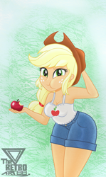 Size: 1350x2262 | Tagged: safe, artist:theretroart88, applejack, equestria girls, g4, apple, applejack's hat, bare shoulders, big breasts, bite mark, breasts, busty applejack, cheek bulge, cleavage, cowboy hat, eating, female, food, freckles, hat, looking at you, sleeveless, smiling