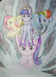 Size: 2475x3399 | Tagged: safe, artist:fireart, fluttershy, rainbow dash, starlight glimmer, twilight sparkle, alicorn, pegasus, pony, unicorn, g4, the cutie re-mark, the ending of the end, the last problem, clothes, coronation dress, crown, dress, female, high res, jewelry, mare, older, older rainbow dash, regalia, second coronation dress, traditional art, twilight sparkle (alicorn)