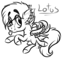 Size: 762x699 | Tagged: safe, artist:beamybutt, oc, oc only, oc:lotus, pony, :p, ear fluff, lineart, male, monochrome, rearing, simple background, solo, stallion, tongue out, white background, wings