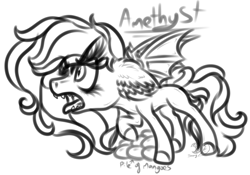 Size: 982x689 | Tagged: safe, artist:beamybutt, oc, oc only, oc:amethyst, bat pony, pony, angry, bat pony oc, bat wings, ear fluff, fangs, female, food, lineart, male, mango, mare, monochrome, open mouth, protecting, raised hoof, simple background, solo, stallion, white background, wings
