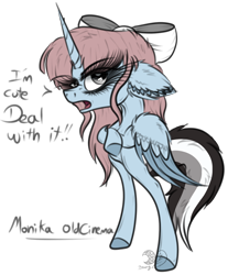 Size: 1624x1963 | Tagged: safe, artist:beamybutt, oc, oc only, alicorn, pony, alicorn oc, annoyed, bipedal, bow, colored hooves, ear fluff, eyelashes, hair bow, horn, simple background, solo, transparent background, wings