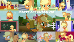 Size: 4352x2450 | Tagged: safe, edit, edited screencap, editor:quoterific, screencap, applejack, honey curls, mare e. lynn, earth pony, pony, a friend in deed, apple family reunion, dragonshy, feeling pinkie keen, g4, horse play, party pooped, school daze, season 1, season 2, season 3, season 4, season 5, season 6, season 8, season 9, the last laugh, the saddle row review, the super speedy cider squeezy 6000, three's a crowd, apple, apple cider, applejack day, applejack's hat, countryisms, cowboy hat, female, frown, grin, gritted teeth, hat, high res, mare, mouth hold, open mouth, open smile, paintbrush, raised eyebrow, smiling, solo focus, that pony sure does love apples