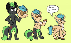 Size: 1280x768 | Tagged: safe, artist:timberwoofarts, hitch trailblazer, oc, oc:jaxon the hyena, earth pony, goo, human, hyena, pony, anthro, g5, my little pony: a new generation, anthro oc, anthro to pony, character to character, chest fluff, commission, furry, furry oc, furry to pony, hypnosis, kaa eyes, male, mask, pubic fluff, sequence, simple background, speech bubble, transformation, transformation sequence