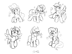 Size: 4000x3000 | Tagged: safe, artist:selenophile, applejack, fluttershy, pinkie pie, rainbow dash, rarity, twilight sparkle, alicorn, butterfly, earth pony, pegasus, pony, unicorn, g4, looking at you, mane six, monochrome, one eye closed, open mouth, simple background, sketch, twilight sparkle (alicorn), white background, wink