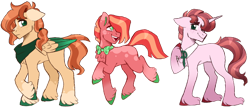 Size: 1024x442 | Tagged: safe, artist:artistcoolpony, oc, oc only, earth pony, pegasus, pony, unicorn, bandana, bolo tie, bowtie, colored pupils, colored wings, colored wingtips, earth pony oc, floppy ears, freckles, grid result, hair over one eye, hair tie, half-siblings, horn, long feather, offspring, parent:big macintosh, parent:fluttershy, parent:pinkie pie, parent:rarity, parents:fluttermac, parents:pinkiemac, parents:rarimac, pegasus oc, shirtless shirt collar, siblings, simple background, transparent background, trio, unicorn oc, unshorn fetlocks, wings