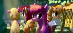 Size: 4668x2094 | Tagged: safe, artist:mandumustbasukanemen, berry punch, berryshine, cherry berry, junebug, roseluck, earth pony, pony, g4, cute, eating, female, flower, group, hay, herbivore, horses doing horse things, looking at you, mare