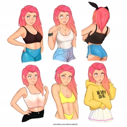 Size: 1929x1929 | Tagged: safe, artist:noah-x3, oc, oc only, oc:neon flare, human, angry, annoyed, ass, bikini, booty shorts, bra, bunny ears, butt, clothes, crop top bra, crying, hand on hip, happy, hoodie, humanized, humanized oc, jeans, leggings, long hair, midriff, not fluttershy, not pinkamena, pants, sad, skirt, smiling, solo, swimsuit, underwear