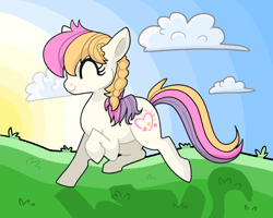 Size: 2500x2000 | Tagged: safe, artist:rainbowheartunicorn, light heart, pony, g2, ^^, cloud, eyes closed, frolicking, high res, sky, smiling, solo, sun, trotting