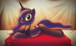 Size: 4914x2940 | Tagged: safe, artist:cosmikvek, princess luna, alicorn, pony, g4, belly button, bowtie, carpet, classy, clothes, female, high res, lights, looking at you, lying down, mare, prone, red carpet, smiling, smiling at you, socks, solo, thigh highs, tuxedo