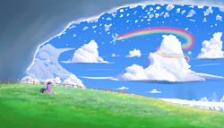 Size: 3500x2000 | Tagged: safe, artist:coffeeponee, rainbow dash, twilight sparkle, pegasus, pony, unicorn, g4, absurd file size, amogus, among us, book, cloud, cloudy, female, fence, field, flower, flying, high res, mare, meme, mountain, rainbow, rainbow trail, scenery, unicorn twilight, when you see it
