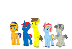 Size: 1280x880 | Tagged: safe, artist:johnnybro288, oc, oc:flare spark, oc:johnny, oc:nico, oc:shield wing, oc:train track, alicorn, earth pony, pegasus, pony, unicorn, g5, my little pony: a new generation, bipedal, blue coat, female, female oc, horn, male, male oc, mare, mare oc, pegasus oc, pony oc, simple background, stallion, stallion oc, unicorn oc, white background, yellow coat