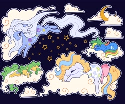 Size: 4096x3413 | Tagged: safe, artist:rainbowheartunicorn, nachtlicht, napper, night glider (g1), pillow talk (g1), pony, g1, bow, cloud, crescent moon, eyes closed, floppy ears, flying, long mane, long tail, moon, night, on a cloud, sleeping, sleeping on a cloud, stars, tail, tail bow, transparent moon, twice as fancy ponies, white pupils