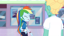 Size: 3410x1920 | Tagged: safe, screencap, rainbow dash, zephyr breeze, dashing through the mall, equestria girls, equestria girls series, g4, holidays unwrapped, spoiler:eqg series (season 2), breasts, clothes, cutie mark, cutie mark on clothes, eyes closed, female, geode of super speed, high res, hoodie, jewelry, magical geodes, male, necklace, open mouth