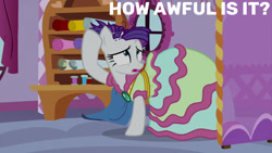 Size: 1280x720 | Tagged: safe, edit, edited screencap, editor:quoterific, screencap, rarity, pony, unicorn, g4, it isn't the mane thing about you, season 7, carousel boutique, clothes, dress, female, mare, messy mane, open mouth, solo