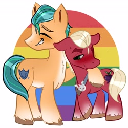 Size: 4096x4096 | Tagged: dead source, safe, artist:sunnyscribble, hitch trailblazer, sprout cloverleaf, earth pony, pony, g5, my little pony: a new generation, blaze (coat marking), blushing, coat markings, eyes closed, facial markings, gay, hitchsprout, hug, male, nervous, pride flag, shipping, simple background, smiling, socks (coat markings), stallion